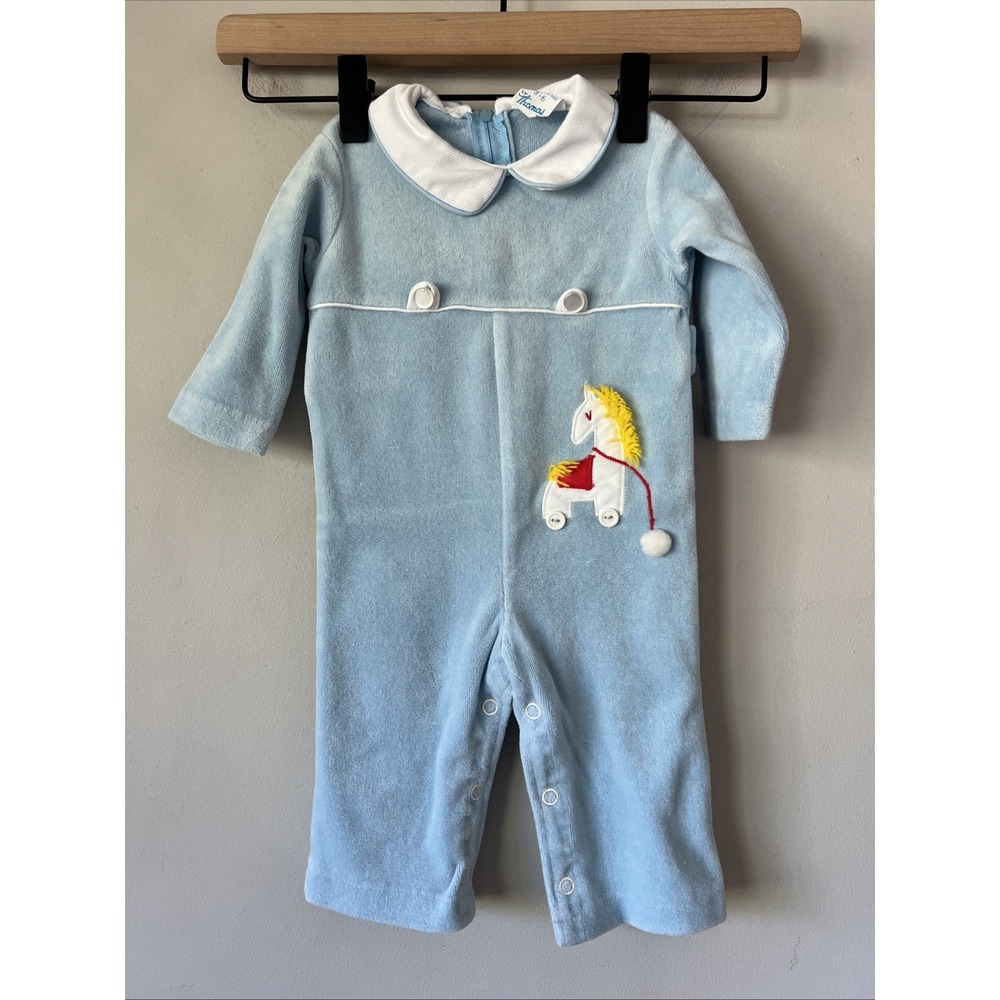 Vintage By Thomas Blue Velour One Piece Size 3-6 Months Horse Toy